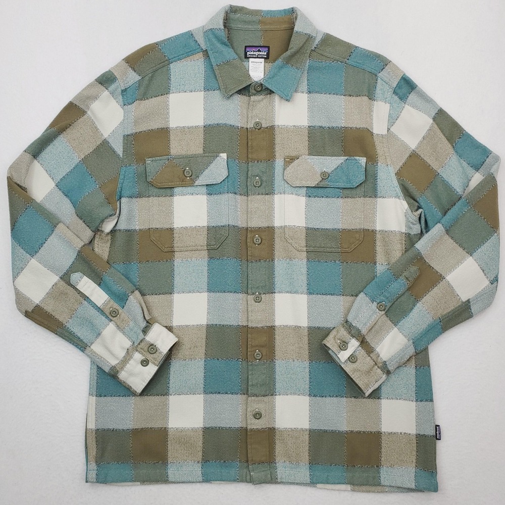 Patagonia Fjord Flannel Shirt Mens Large Teal Tan Plaid Heavyweight Button Up